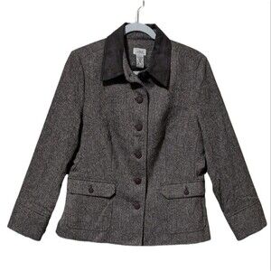 L.L. Bean tweed like blazer faux leather collar preppy, academia wool blend 14P